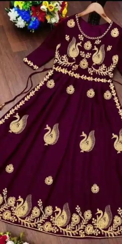 MF Wine Color Georgette With embroidery Work Style Anarkali Gown Wedding Party, Festive, Events Etc.4-6 Working Days@1349/- only | Bollywood Gowns, Creative Gowns, Designer Gowns, Embroidered Gowns, Gowns, Party Wear Gowns, Straight Suits