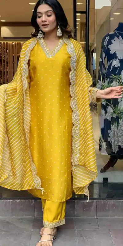 MF 746 Yellow Color Chinon Silk Wide Digital Print Coding Work Lace Salwar Suit Casual, Wedding, Party, Festive, Events Etc.4-6 Working Days@ 1699/-only | Casual Suits, Jump Suits, Creative suits, Designer Suits, Palazzo Suits, Party Wear Suits, Patiala Suits, Salwar suit, Straight Suits