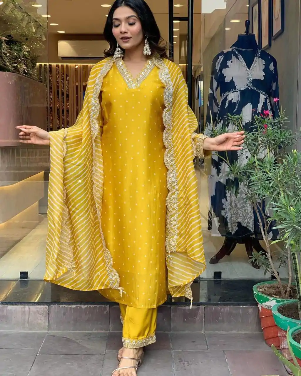 MF 746 Yellow Color Chinon Silk Wide Digital Print Coding Work Lace Salwar Suit Casual, Wedding, Party, Festive, Events Etc.4-6 Working Days@ 1699/-only | Casual Suits, Jump Suits, Creative suits, Designer Suits, Palazzo Suits, Party Wear Suits, Patiala Suits, Salwar suit, Straight Suits