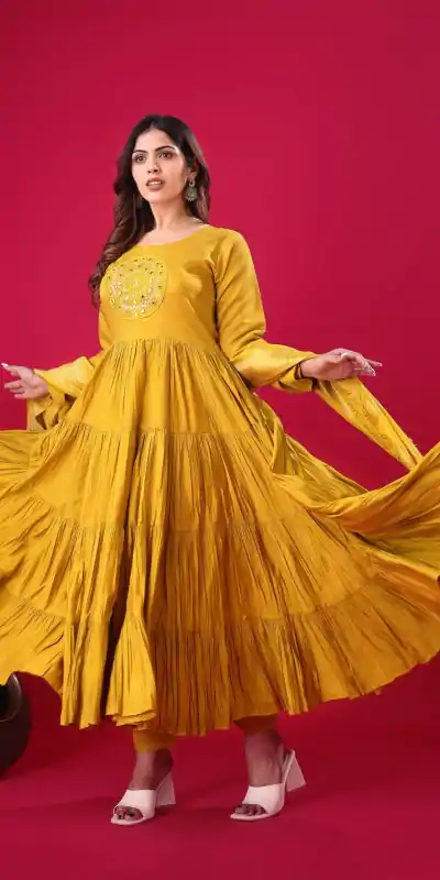 ZSR 3107 Yellow Color Roman Silk With Embroidery Sequence Work Anarkali Gown Wedding Party, Festive, Events Etc.4-6 Working Days@1799/- only | Bollywood Gowns, Creative Gowns, Designer Gowns, Embroidered Gowns, Gowns, Party Wear Gowns, Straight Suits