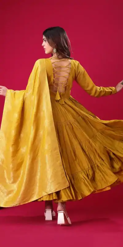 ZSR 3107 Yellow Color Roman Silk With Embroidery Sequence Work Anarkali Gown Wedding Party, Festive, Events Etc.4-6 Working Days@1799/- only | Bollywood Gowns, Creative Gowns, Designer Gowns, Embroidered Gowns, Gowns, Party Wear Gowns, Straight Suits