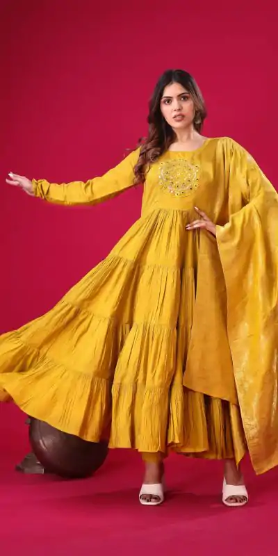 ZSR 3107 Yellow Color Roman Silk With Embroidery Sequence Work Anarkali Gown Wedding Party, Festive, Events Etc.4-6 Working Days@1799/- only | Bollywood Gowns, Creative Gowns, Designer Gowns, Embroidered Gowns, Gowns, Party Wear Gowns, Straight Suits