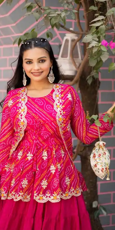 Ram 091 Pink Color Bandhej Embroidery Thared Work Lehenga Crop Top & Jacket Wedding, Party, Festive, Events Etc. Delivery 4-6 Working Days Rs 2149 | Creative Lehenga, Bollywood Lehenga, Designer Lehenga, Embroidered Lehenga, Lehenga, Party Wear Lehenga