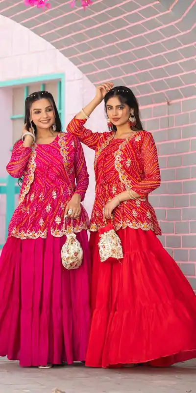 Ram 091 Pink Color Bandhej Embroidery Thared Work Lehenga Crop Top & Jacket Wedding, Party, Festive, Events Etc. Delivery 4-6 Working Days Rs 2149 | Creative Lehenga, Bollywood Lehenga, Designer Lehenga, Embroidered Lehenga, Lehenga, Party Wear Lehenga