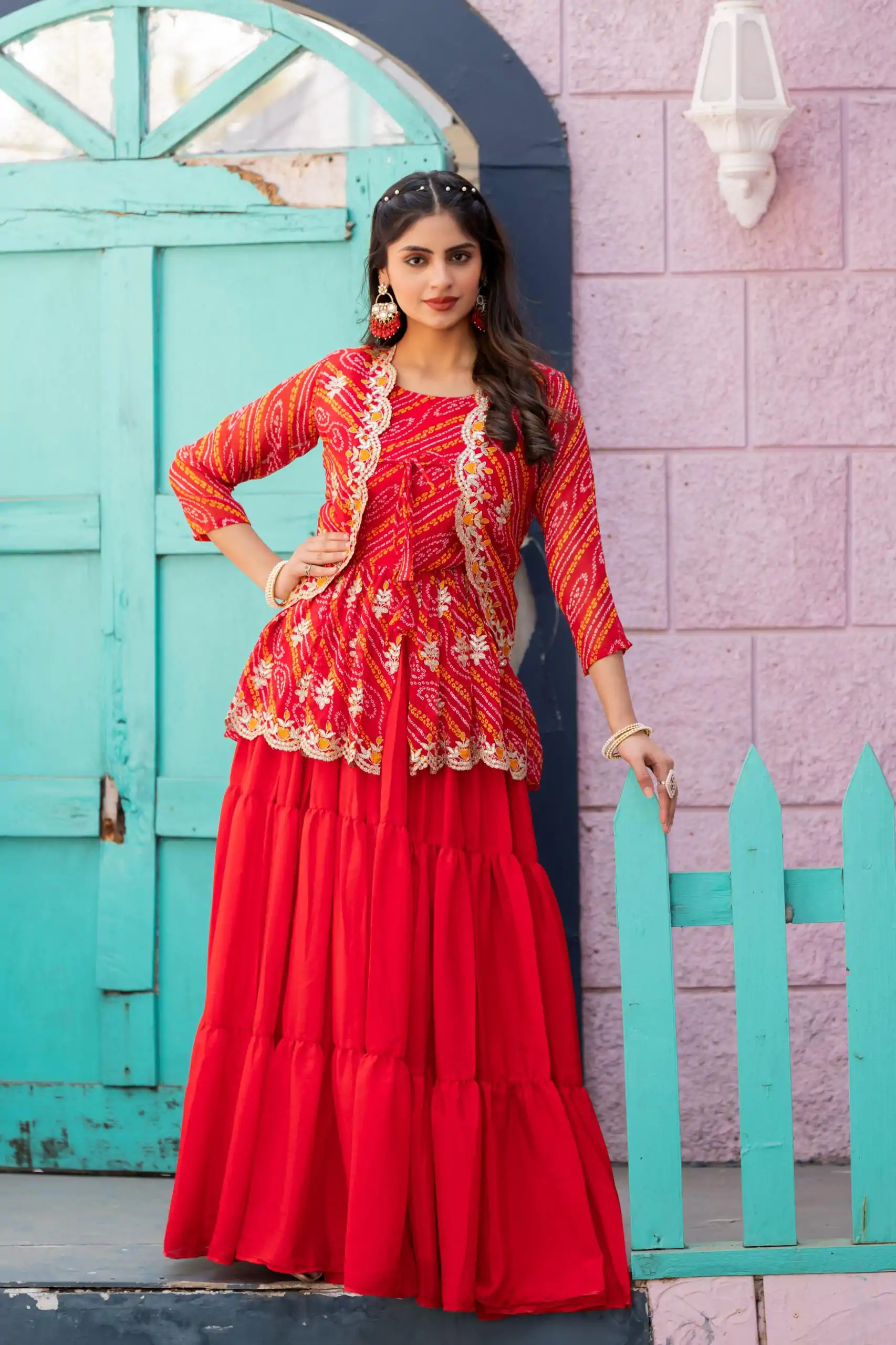 Ram 091 Red Color Bandhej Embroidery Thared Work Lehenga Crop Top & Jacket Wedding, Party, Festive, Events Etc. Delivery 4-6 Working Days Rs 2149 | Creative Lehenga, Bollywood Lehenga, Designer Lehenga, Embroidered Lehenga, Lehenga, Party Wear Lehenga