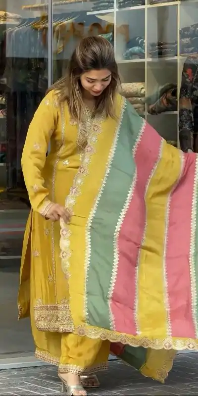 AD 145 Yellow Color Faux Georgette With Embroidery Sequence Work Salwar Suit Casual, Wedding, Party, Festive, Events Etc.4-6 Working Days@ 2099/-only | Casual Suits, Jump Suits, Creative suits, Designer Suits, Palazzo Suits, Party Wear Suits, Patiala Suits, Salwar suit, Straight Suits