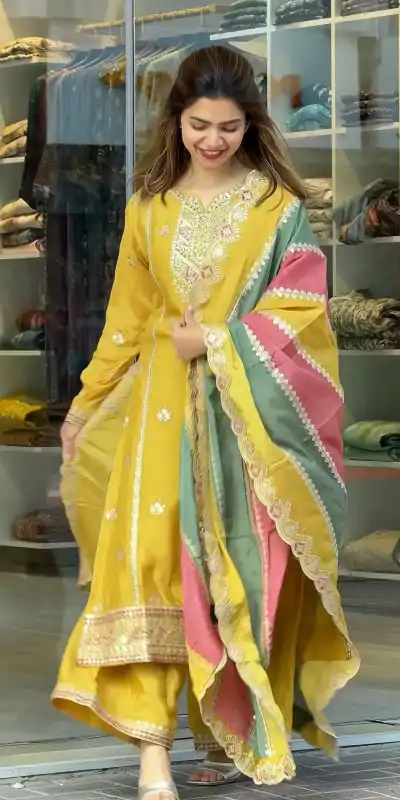 AD 145 Yellow Color Faux Georgette With Embroidery Sequence Work Salwar Suit Casual, Wedding, Party, Festive, Events Etc.4-6 Working Days@ 2099/-only | Casual Suits, Jump Suits, Creative suits, Designer Suits, Palazzo Suits, Party Wear Suits, Patiala Suits, Salwar suit, Straight Suits