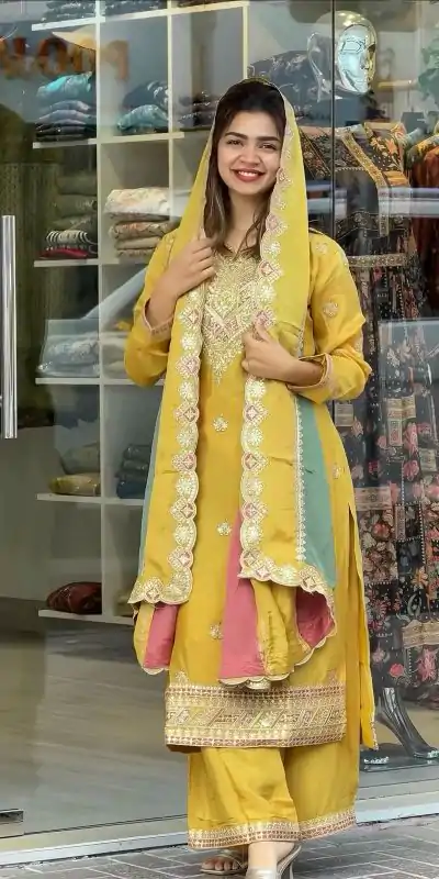 AD 145 Yellow Color Faux Georgette With Embroidery Sequence Work Salwar Suit Casual, Wedding, Party, Festive, Events Etc.4-6 Working Days@ 2099/-only | Casual Suits, Jump Suits, Creative suits, Designer Suits, Palazzo Suits, Party Wear Suits, Patiala Suits, Salwar suit, Straight Suits