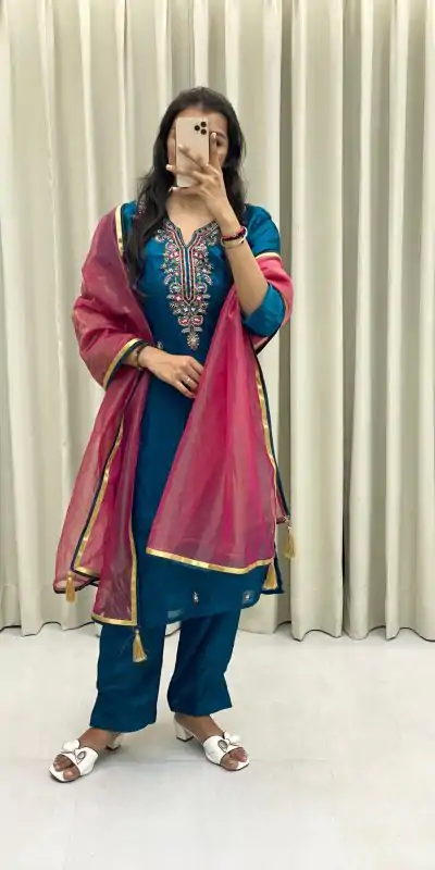  BE 301 Peacock Blue Color Fendi Silk Hand Work Salwar Suit Casual, Wedding, Party, Festive, Events Etc.4-6 Working Days@ 1799/-only | Casual Suits, Jump Suits, Creative suits, Designer Suits, Palazzo Suits, Party Wear Suits, Patiala Suits, Salwar suit, Straight Suits