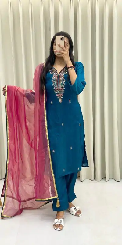  BE 301 Peacock Blue Color Fendi Silk Hand Work Salwar Suit Casual, Wedding, Party, Festive, Events Etc.4-6 Working Days@ 1799/-only | Casual Suits, Jump Suits, Creative suits, Designer Suits, Palazzo Suits, Party Wear Suits, Patiala Suits, Salwar suit, Straight Suits