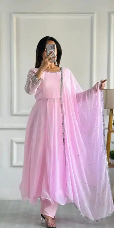 VLM 256 Baby Pink Color Foix Georgette With Embroidery Work Anarkali Gown Casual, Wedding, Party, Festive, Events Etc.4-6 Working Days@ 1899/-only | Bollywood Gowns, Creative Gowns, Designer Gowns, Embroidered Gowns, Gowns, Party Wear Gowns