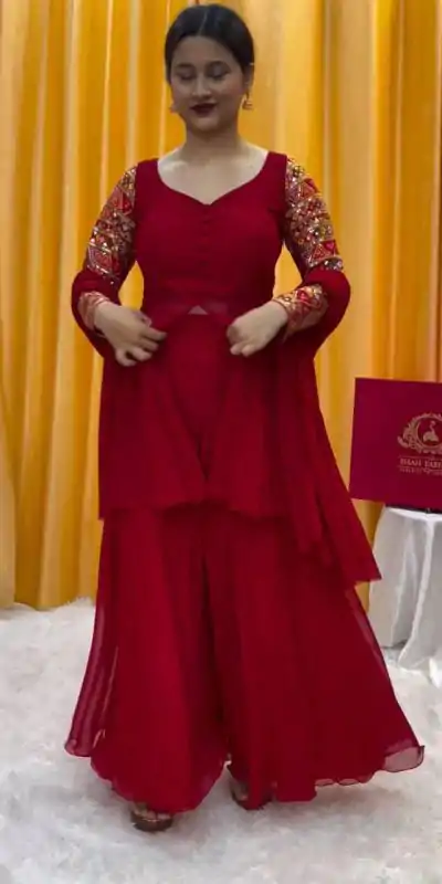 PC 343 Red Fox Georgette Thread Work With Fancy Button Salwar Suit Casual, Wedding, Party, Festive, Events Etc.4-6 Working Days@ 2029/-only | Casual Suits, Jump Suits, Creative suits, Designer Suits, Palazzo Suits, Party Wear Suits, Patiala Suits, Salwar suit, Straight Suits