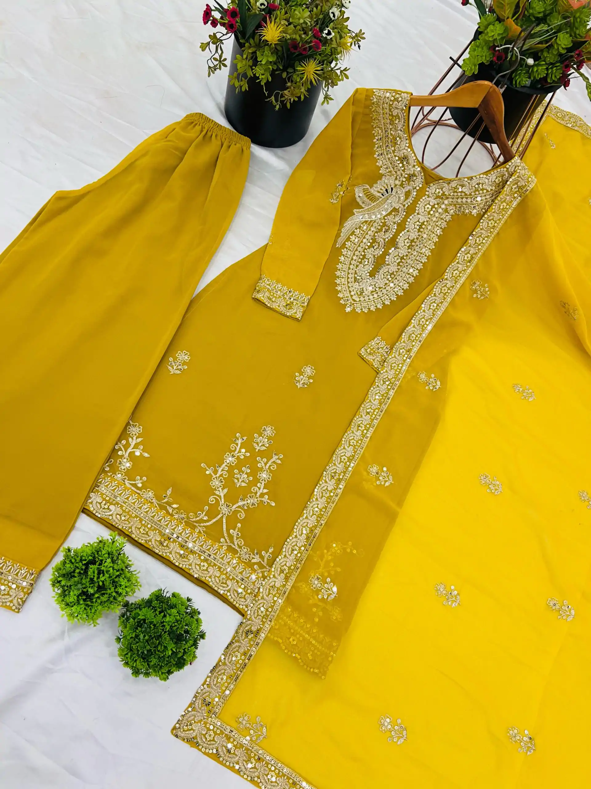 NSR 840 Yellow Black Color Faux Georgette With Embroidery Sequence Work Salwar Suit Casual, Wedding, Party, Festive, Events Etc.4-6 Working Days@ 1999/-only | Casual Suits, Jump Suits, Creative suits, Designer Suits, Palazzo Suits, Party Wear Suits, Patiala Suits, Salwar suit, Straight Suits