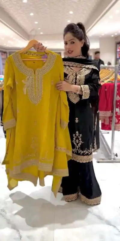 NSR 840 Yellow Black Color Faux Georgette With Embroidery Sequence Work Salwar Suit Casual, Wedding, Party, Festive, Events Etc.4-6 Working Days@ 1999/-only | Casual Suits, Jump Suits, Creative suits, Designer Suits, Palazzo Suits, Party Wear Suits, Patiala Suits, Salwar suit, Straight Suits