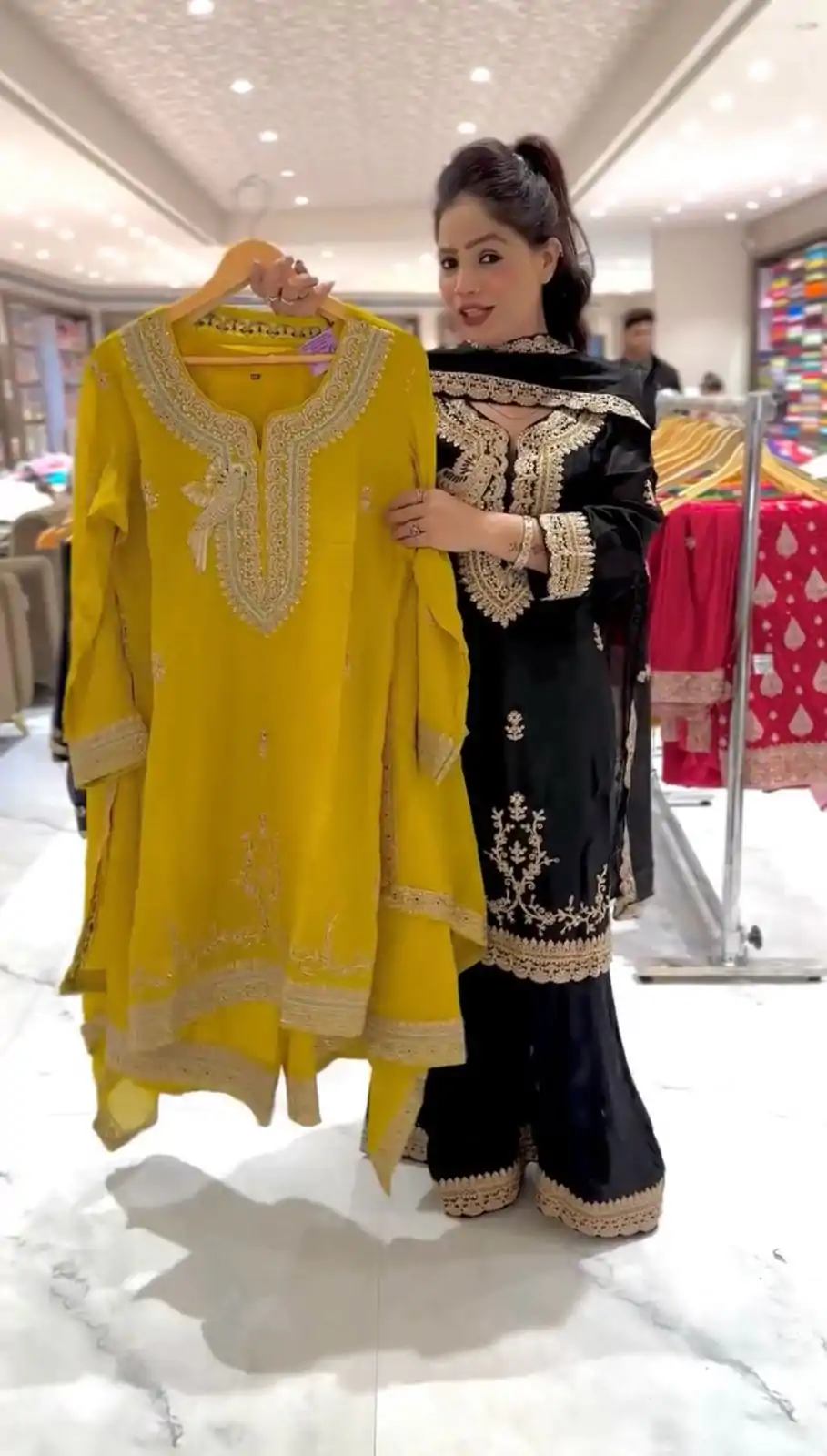 NSR 840 Yellow Black Color Faux Georgette With Embroidery Sequence Work Salwar Suit Casual, Wedding, Party, Festive, Events Etc.4-6 Working Days@ 1999/-only | Casual Suits, Jump Suits, Creative suits, Designer Suits, Palazzo Suits, Party Wear Suits, Patiala Suits, Salwar suit, Straight Suits