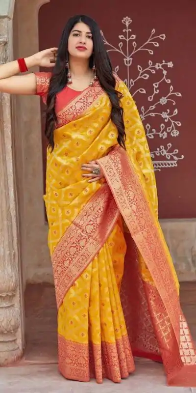 KP 6014 Yellow Color Soft Lichi Silk Jacquard Work On All Over Saree Casual, Wedding, Festive, Events . Expected Delivery  4-6 Working Days @1449/- only                                                                                                                                             | Embroidered Sarees, Bollywood Sarees, Creative Sarees, Designer Sarees, Ethnic Saree, Modern Digital sarees, Party Wear Sarees, Sarees