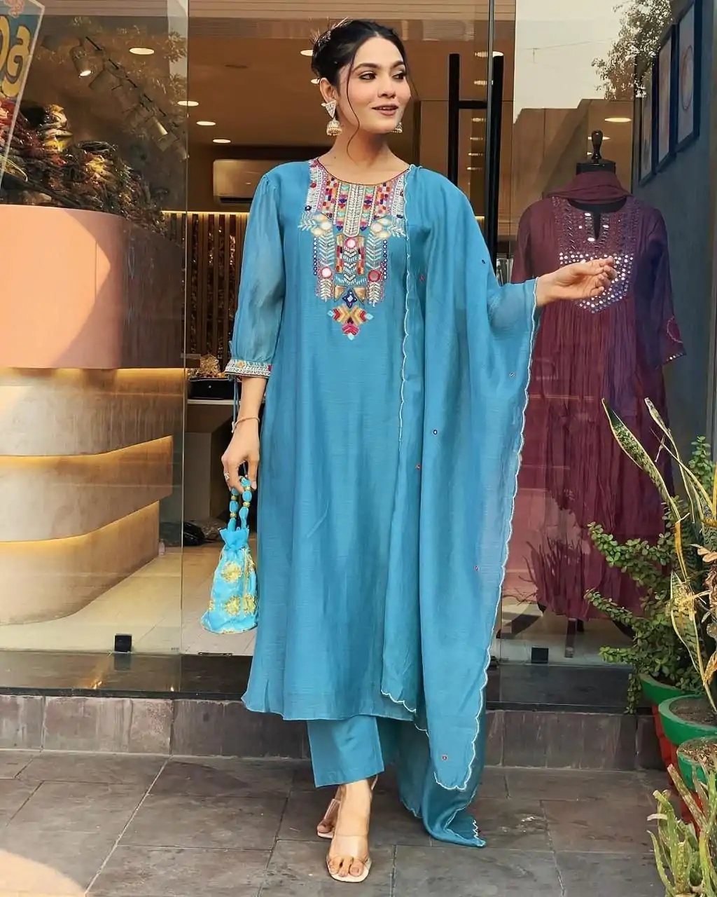 MF 748 Blue Color Chanderi Silk With Mirror Work Embroidery Salwar Suit Casual, Wedding, Party, Festive, Events Etc.4-6 Working Days@ 1599/-only | Casual Suits, Jump Suits, Creative suits, Designer Suits, Palazzo Suits, Party Wear Suits, Patiala Suits, Salwar suit, Straight Suits