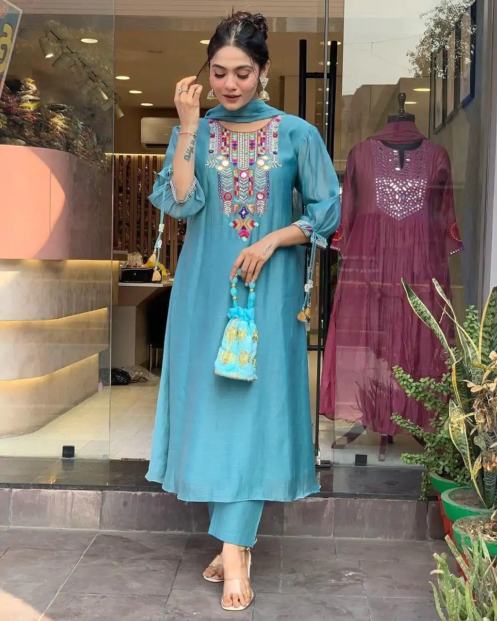 MF 748 Blue Color Chanderi Silk With Mirror Work Embroidery Salwar Suit Casual, Wedding, Party, Festive, Events Etc.4-6 Working Days@ 1599/-only | Casual Suits, Jump Suits, Creative suits, Designer Suits, Palazzo Suits, Party Wear Suits, Patiala Suits, Salwar suit, Straight Suits