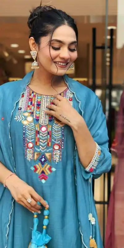 MF 748 Blue Color Chanderi Silk With Mirror Work Embroidery Salwar Suit Casual, Wedding, Party, Festive, Events Etc.4-6 Working Days@ 1599/-only | Casual Suits, Jump Suits, Creative suits, Designer Suits, Palazzo Suits, Party Wear Suits, Patiala Suits, Salwar suit, Straight Suits