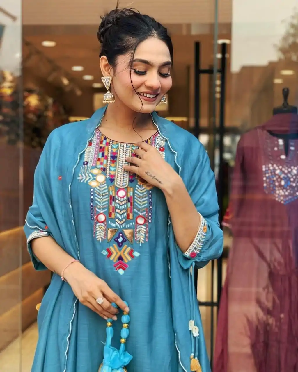 MF 748 Blue Color Chanderi Silk With Mirror Work Embroidery Salwar Suit Casual, Wedding, Party, Festive, Events Etc.4-6 Working Days@ 1599/-only | Casual Suits, Jump Suits, Creative suits, Designer Suits, Palazzo Suits, Party Wear Suits, Patiala Suits, Salwar suit, Straight Suits