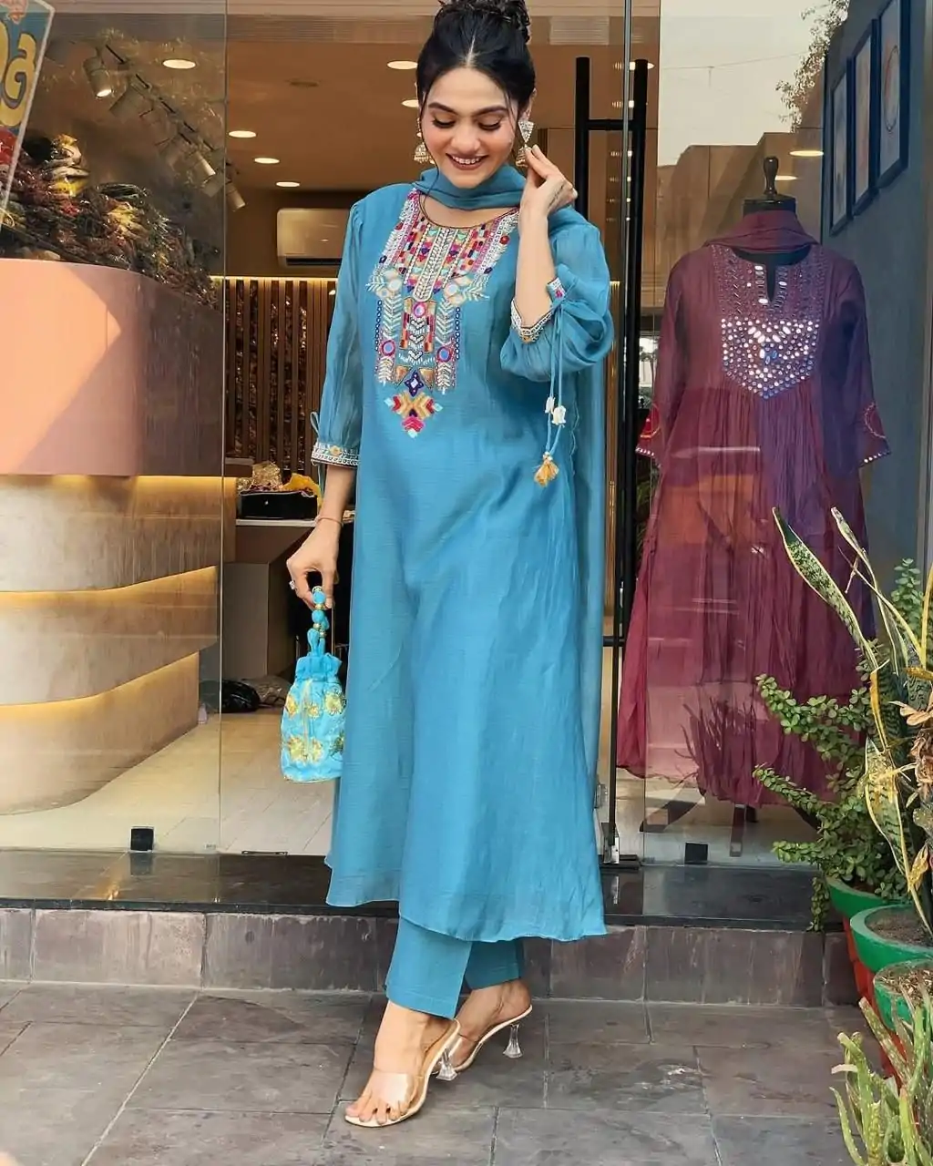 MF 748 Blue Color Chanderi Silk With Mirror Work Embroidery Salwar Suit Casual, Wedding, Party, Festive, Events Etc.4-6 Working Days@ 1599/-only | Casual Suits, Jump Suits, Creative suits, Designer Suits, Palazzo Suits, Party Wear Suits, Patiala Suits, Salwar suit, Straight Suits