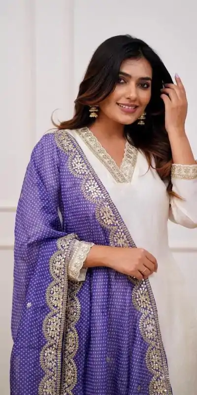 MF 726 Half White Color Roman Silk With Purple Dupatta Coding Work Salwar Suit Casual, Wedding, Party, Festive, Events Etc.4-6 Working Days@ 1699/-only | Casual Suits, Jump Suits, Creative suits, Designer Suits, Palazzo Suits, Party Wear Suits, Patiala Suits, Salwar suit, Straight Suits