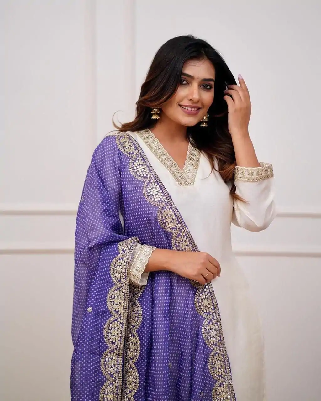 MF 726 Half White Color Roman Silk With Purple Dupatta Coding Work Salwar Suit Casual, Wedding, Party, Festive, Events Etc.4-6 Working Days@ 1699/-only | Casual Suits, Jump Suits, Creative suits, Designer Suits, Palazzo Suits, Party Wear Suits, Patiala Suits, Salwar suit, Straight Suits