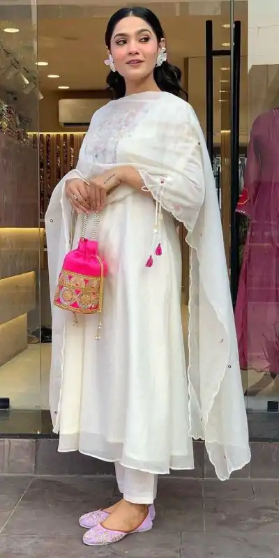 MF 748 White Color Chanderi Silk With Mirror Work Embroidery Salwar Suit Casual, Wedding, Party, Festive, Events Etc.4-6 Working Days@ 1599/-only | Casual Suits, Jump Suits, Creative suits, Designer Suits, Palazzo Suits, Party Wear Suits, Patiala Suits, Salwar suit, Straight Suits