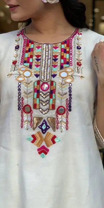 MF 748 White Color Chanderi Silk With Mirror Work Embroidery Salwar Suit Casual, Wedding, Party, Festive, Events Etc.4-6 Working Days@ 1599/-only | Casual Suits, Jump Suits, Creative suits, Designer Suits, Palazzo Suits, Party Wear Suits, Patiala Suits, Salwar suit, Straight Suits