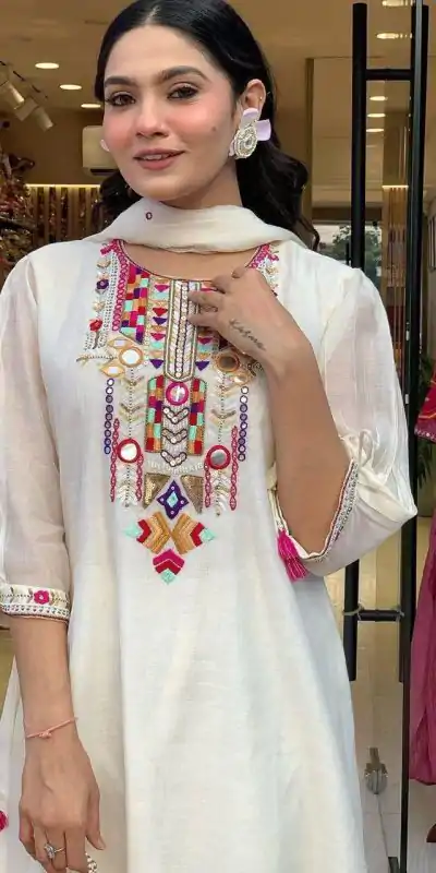 MF 748 White Color Chanderi Silk With Mirror Work Embroidery Salwar Suit Casual, Wedding, Party, Festive, Events Etc.4-6 Working Days@ 1599/-only | Casual Suits, Jump Suits, Creative suits, Designer Suits, Palazzo Suits, Party Wear Suits, Patiala Suits, Salwar suit, Straight Suits