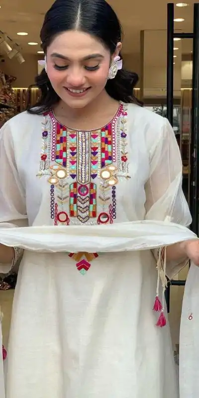 MF 748 White Color Chanderi Silk With Mirror Work Embroidery Salwar Suit Casual, Wedding, Party, Festive, Events Etc.4-6 Working Days@ 1599/-only | Casual Suits, Jump Suits, Creative suits, Designer Suits, Palazzo Suits, Party Wear Suits, Patiala Suits, Salwar suit, Straight Suits