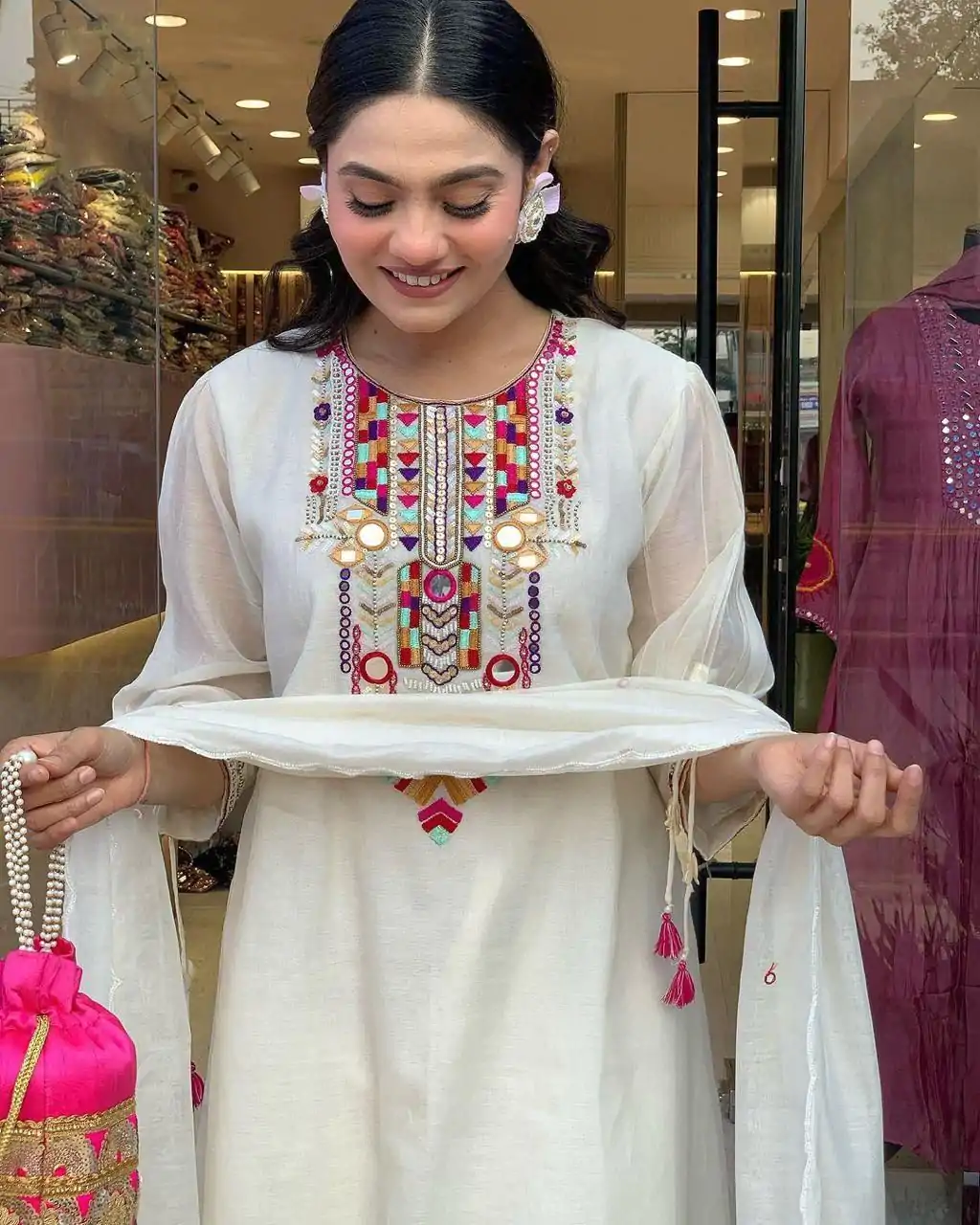 MF 748 White Color Chanderi Silk With Mirror Work Embroidery Salwar Suit Casual, Wedding, Party, Festive, Events Etc.4-6 Working Days@ 1599/-only | Casual Suits, Jump Suits, Creative suits, Designer Suits, Palazzo Suits, Party Wear Suits, Patiala Suits, Salwar suit, Straight Suits