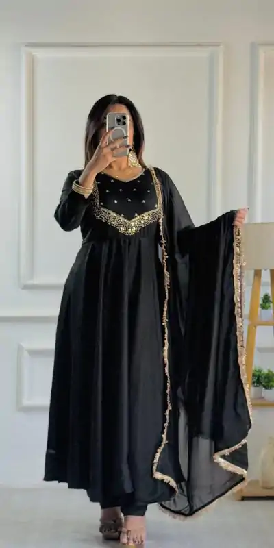 VLM 238 Black Color Star Georgette With Embroidery Work Anarkali Gown Casual, Wedding, Party, Festive, Events Etc.4-6 Working Days@ 1999/-only | Bollywood Gowns, Creative Gowns, Designer Gowns, Embroidered Gowns, Gowns, Party Wear Gowns