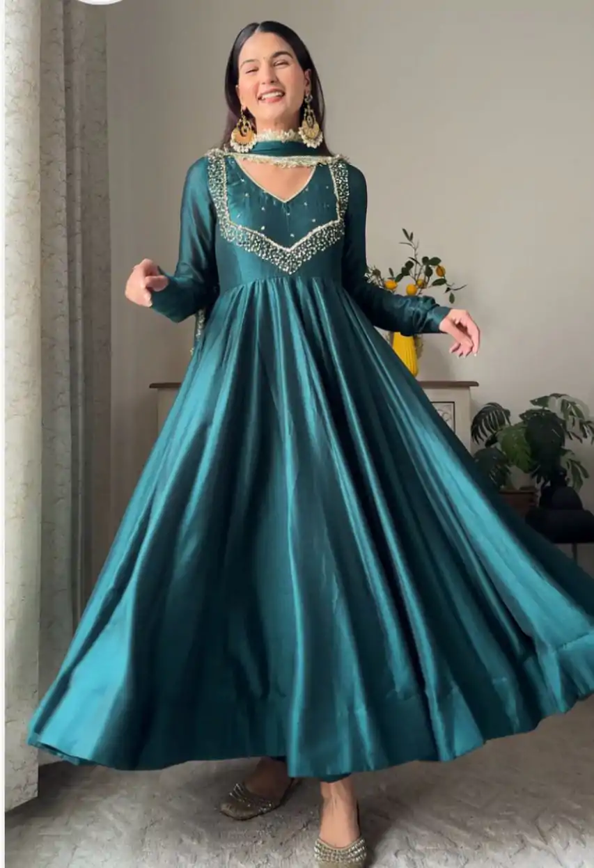 VLM 238 Blue Color Star Georgette With Embroidery Work Anarkali Gown Casual, Wedding, Party, Festive, Events Etc.4-6 Working Days@ 1999/-only | Bollywood Gowns, Creative Gowns, Designer Gowns, Embroidered Gowns, Gowns, Party Wear Gowns