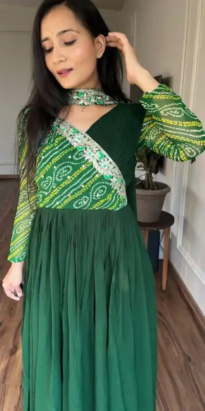 Ram 058 Green Color Bandhej With Fox Georgette 3mm Sequence Embroidery Work Anarkali Gown Wedding Party, Festive, Events Etc.4-6 Working Days@1899/- only | Bollywood Gowns, Creative Gowns, Designer Gowns, Embroidered Gowns, Gowns, Party Wear Gowns, Straight Suits