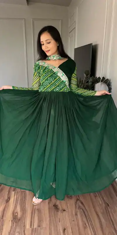 Ram 058 Green Color Bandhej With Fox Georgette 3mm Sequence Embroidery Work Anarkali Gown Wedding Party, Festive, Events Etc.4-6 Working Days@1899/- only | Bollywood Gowns, Creative Gowns, Designer Gowns, Embroidered Gowns, Gowns, Party Wear Gowns, Straight Suits