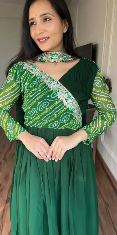 Ram 058 Green Color Bandhej With Fox Georgette 3mm Sequence Embroidery Work Anarkali Gown Wedding Party, Festive, Events Etc.4-6 Working Days@1899/- only | Bollywood Gowns, Creative Gowns, Designer Gowns, Embroidered Gowns, Gowns, Party Wear Gowns, Straight Suits