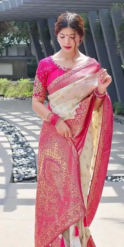 KP 4095 Half White Color Soft Lichi Silk Jacquard Work On All Over Saree Casual, Wedding, Festive, Events . Expected Delivery  4-6 Working Days @1499/- only                                                                                                                                             | Embroidered Sarees, Bollywood Sarees, Creative Sarees, Designer Sarees, Ethnic Saree, Modern Digital sarees, Party Wear Sarees, Sarees