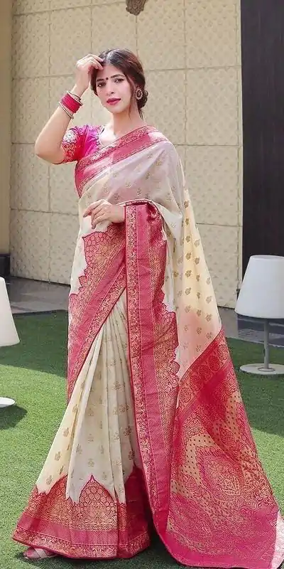 KP 4095 Half White Color Soft Lichi Silk Jacquard Work On All Over Saree Casual, Wedding, Festive, Events . Expected Delivery  4-6 Working Days @1499/- only                                                                                                                                             | Embroidered Sarees, Bollywood Sarees, Creative Sarees, Designer Sarees, Ethnic Saree, Modern Digital sarees, Party Wear Sarees, Sarees