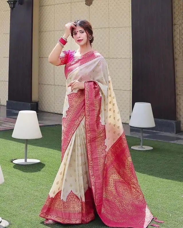 KP 4095 Half White Color Soft Lichi Silk Jacquard Work On All Over Saree Casual, Wedding, Festive, Events . Expected Delivery  4-6 Working Days @1499/- only                                                                                                                                             | Embroidered Sarees, Bollywood Sarees, Creative Sarees, Designer Sarees, Ethnic Saree, Modern Digital sarees, Party Wear Sarees, Sarees