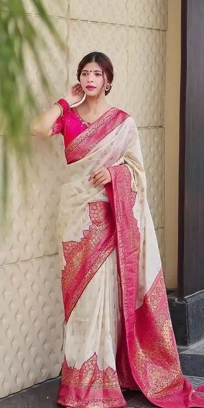 KP 4095 Half White Color Soft Lichi Silk Jacquard Work On All Over Saree Casual, Wedding, Festive, Events . Expected Delivery  4-6 Working Days @1499/- only                                                                                                                                             | Embroidered Sarees, Bollywood Sarees, Creative Sarees, Designer Sarees, Ethnic Saree, Modern Digital sarees, Party Wear Sarees, Sarees