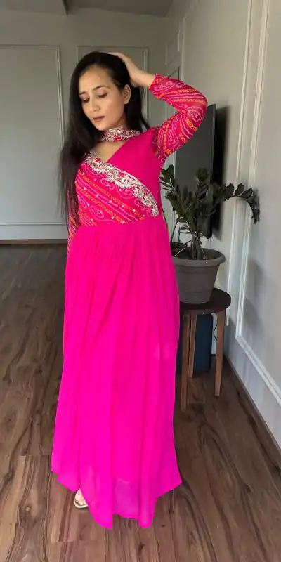 Ram 058 Pink Color Bandhej With Fox Georgette 3mm Sequence Embroidery Work Anarkali Gown Wedding Party, Festive, Events Etc.4-6 Working Days@1899/- only | Bollywood Gowns, Creative Gowns, Designer Gowns, Embroidered Gowns, Gowns, Party Wear Gowns, Straight Suits