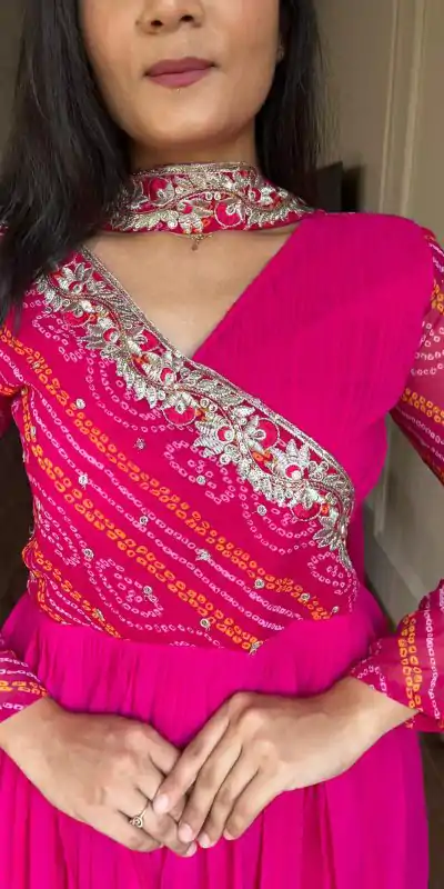 Ram 058 Pink Color Bandhej With Fox Georgette 3mm Sequence Embroidery Work Anarkali Gown Wedding Party, Festive, Events Etc.4-6 Working Days@1899/- only | Bollywood Gowns, Creative Gowns, Designer Gowns, Embroidered Gowns, Gowns, Party Wear Gowns, Straight Suits