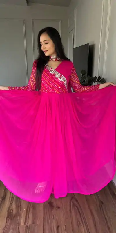 Ram 058 Pink Color Bandhej With Fox Georgette 3mm Sequence Embroidery Work Anarkali Gown Wedding Party, Festive, Events Etc.4-6 Working Days@1899/- only | Bollywood Gowns, Creative Gowns, Designer Gowns, Embroidered Gowns, Gowns, Party Wear Gowns, Straight Suits
