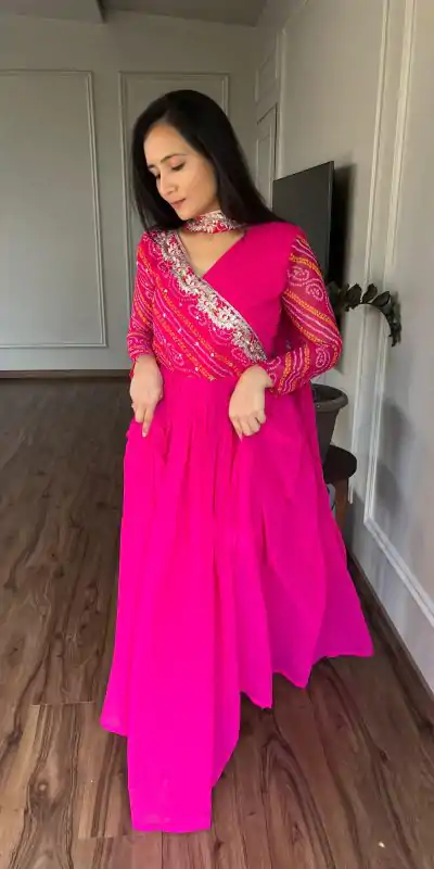 Ram 058 Pink Color Bandhej With Fox Georgette 3mm Sequence Embroidery Work Anarkali Gown Wedding Party, Festive, Events Etc.4-6 Working Days@1899/- only | Bollywood Gowns, Creative Gowns, Designer Gowns, Embroidered Gowns, Gowns, Party Wear Gowns, Straight Suits