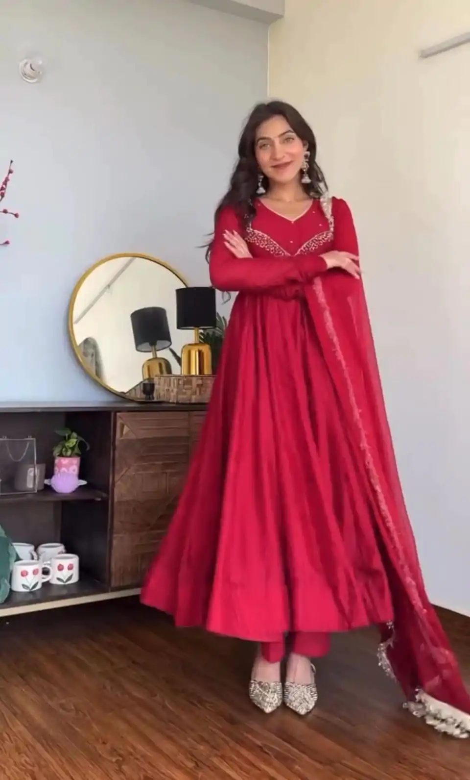 VLM 238 Red Color Star Georgette With Embroidery Work Anarkali Gown Casual, Wedding, Party, Festive, Events Etc.4-6 Working Days@ 1999/-only | Bollywood Gowns, Creative Gowns, Designer Gowns, Embroidered Gowns, Gowns, Party Wear Gowns