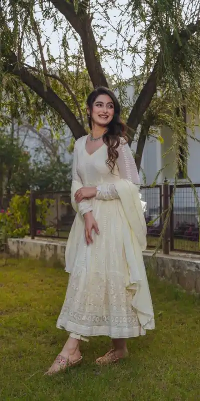 DC G43 Cream Color fox Georgette Embroidery Sequence Anarkali Gown Wedding Party, Festive, Events Etc.4-6 Working Days@2199/- only | Bollywood Gowns, Creative Gowns, Designer Gowns, Embroidered Gowns, Gowns, Party Wear Gowns, Straight Suits