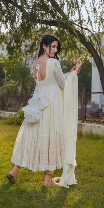 DC G43 Cream Color fox Georgette Embroidery Sequence Anarkali Gown Wedding Party, Festive, Events Etc.4-6 Working Days@2199/- only | Bollywood Gowns, Creative Gowns, Designer Gowns, Embroidered Gowns, Gowns, Party Wear Gowns, Straight Suits