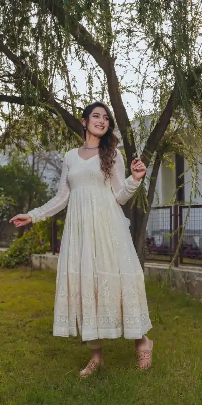 DC G43 Cream Color fox Georgette Embroidery Sequence Anarkali Gown Wedding Party, Festive, Events Etc.4-6 Working Days@2199/- only | Bollywood Gowns, Creative Gowns, Designer Gowns, Embroidered Gowns, Gowns, Party Wear Gowns, Straight Suits