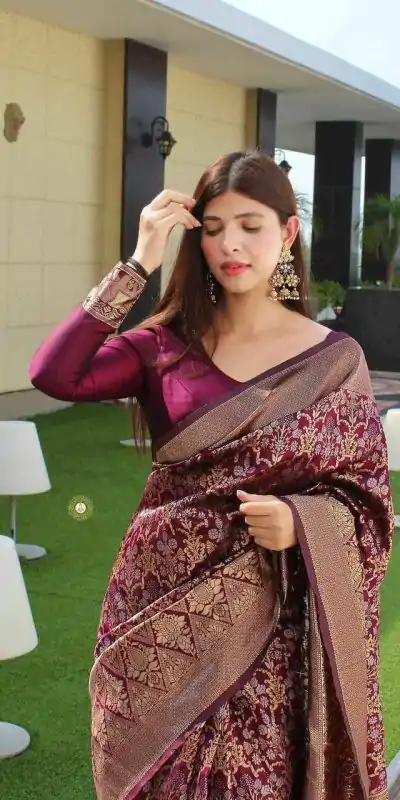  KP 3062 Wine Color Soft Lichi Silk Jacquard Work On All Over Saree Casual, Wedding, Festive, Events . Expected Delivery  4-6 Working Days @1499/- only                                                                                                                                             | Embroidered Sarees, Bollywood Sarees, Creative Sarees, Designer Sarees, Ethnic Saree, Modern Digital sarees, Party Wear Sarees, Sarees